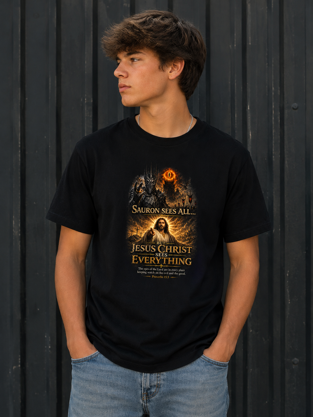 Sauron Sees All... But Jesus Christ Sees Everything Tee (Proverbs 15:3)
