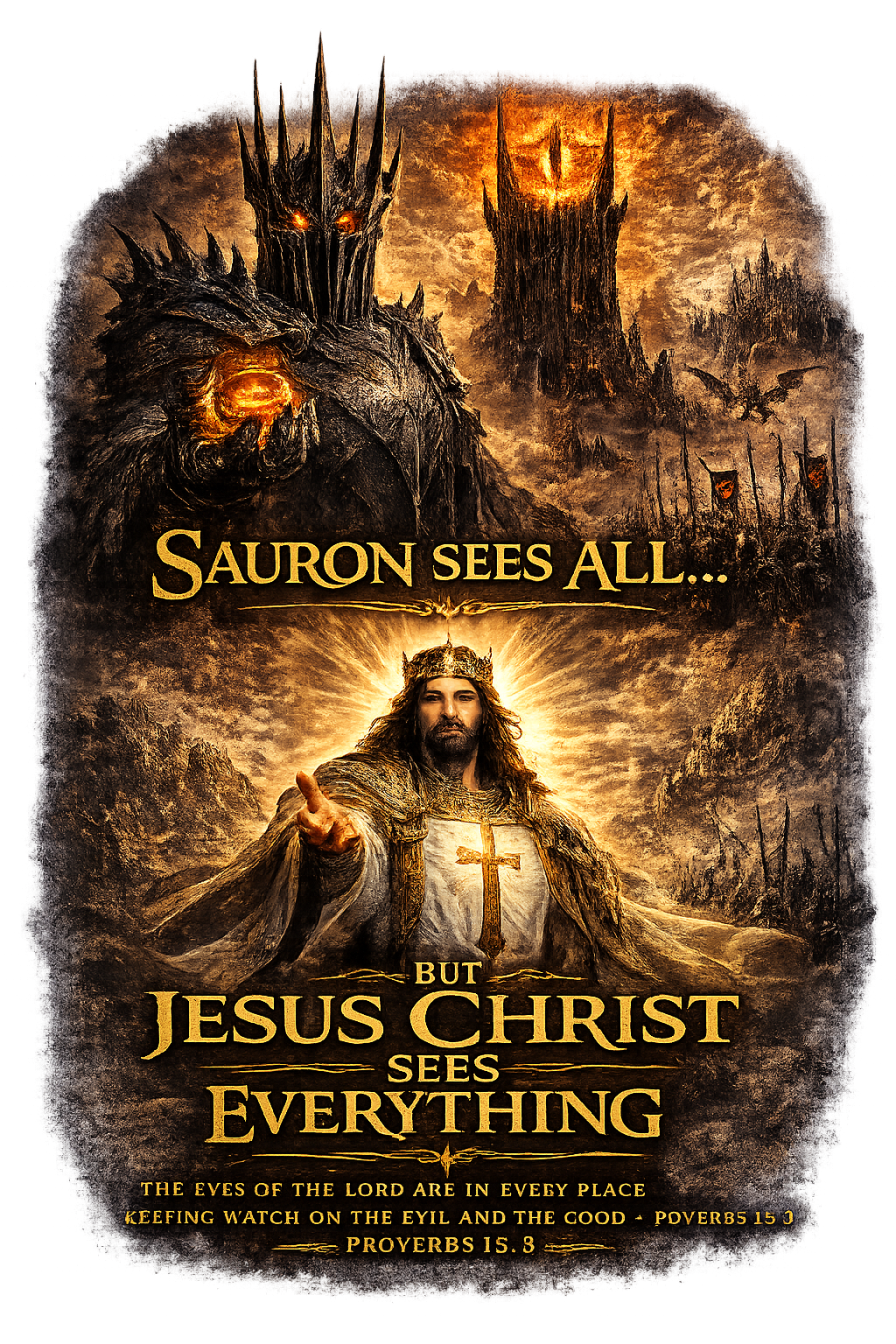 Sauron Sees All But Jesus Christ Sees Everything Christian Fantasy Tee Proverbs 15:3