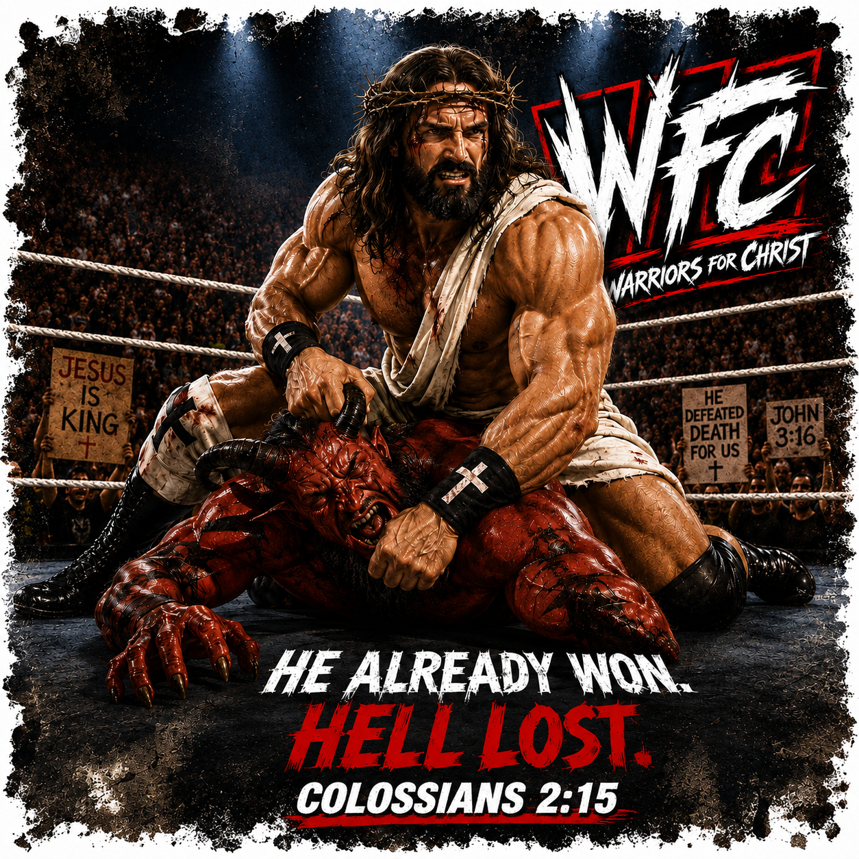 He Already Won Hell Lost WFC Warriors for Christ Tee - Colossians 2:15