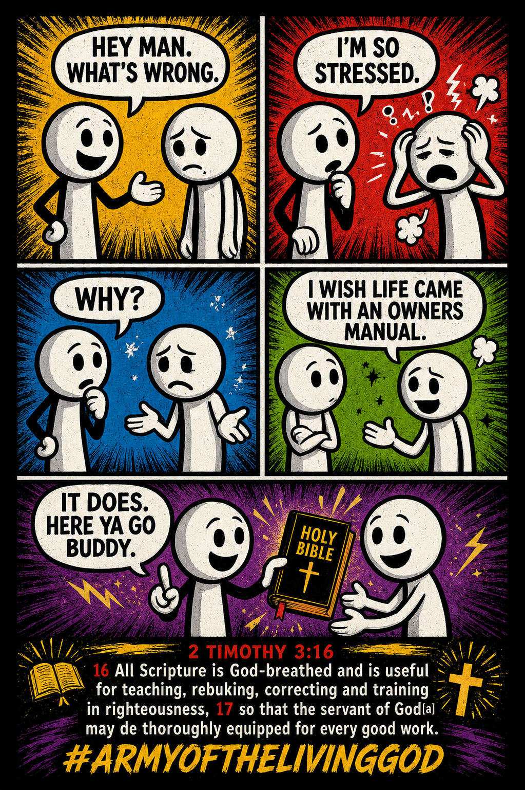 Comic strip shirt - Life comes with an owner's manual - Holy Bible - 2 Timothy 3:16