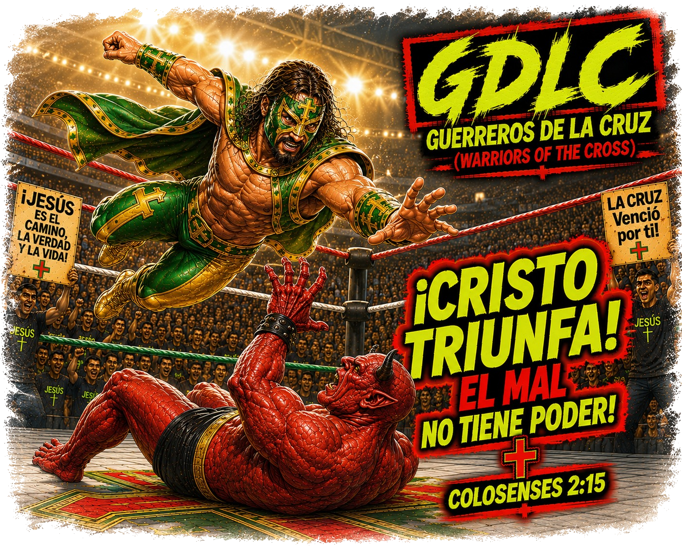 El Luchador de la Fe Fighter of Faith GDLC Green Gold Tee - Colosenses 2:15