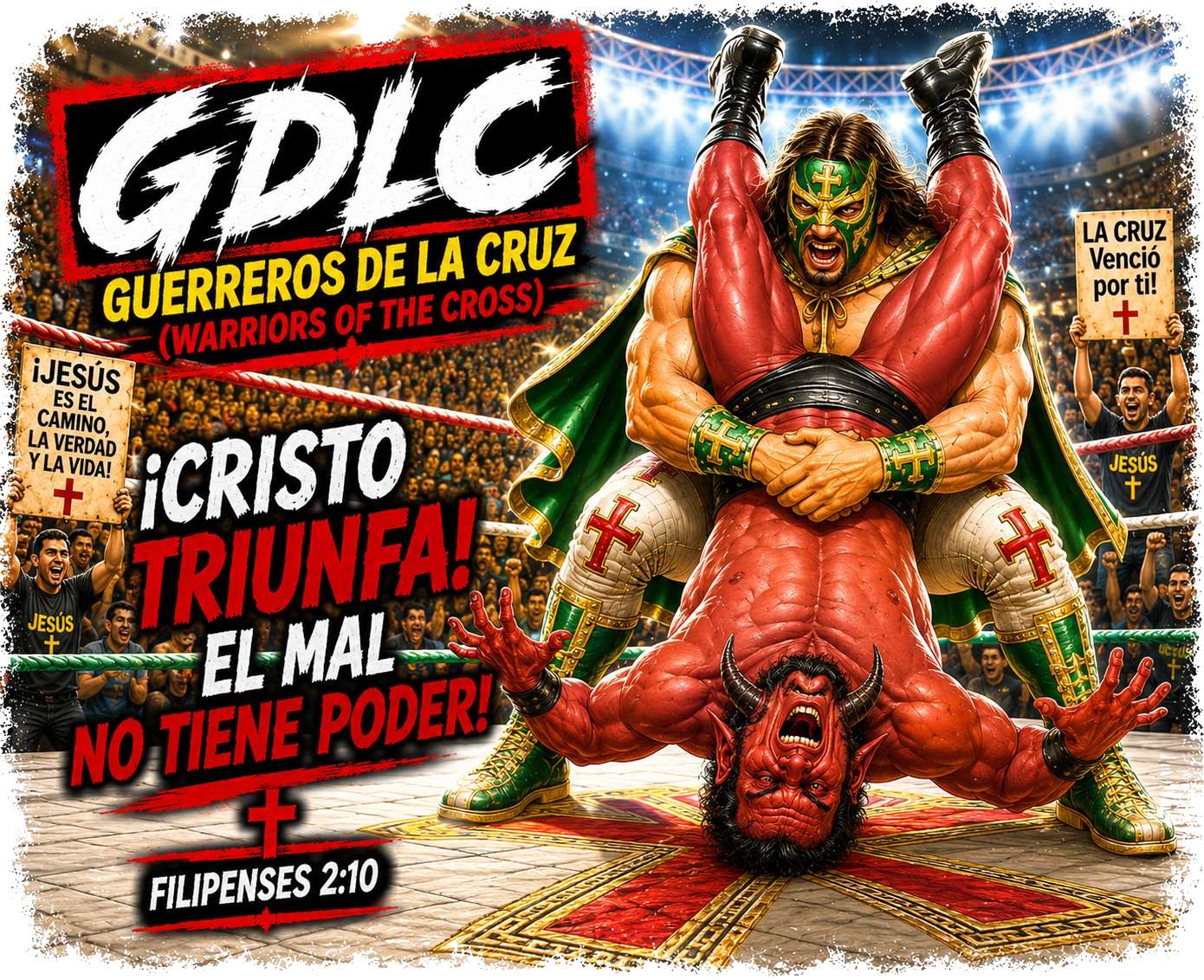 Cristo Triunfa El Mal No Tiene Poder GDLC Guerreros De La Cruz Tee - Filipenses 2:10