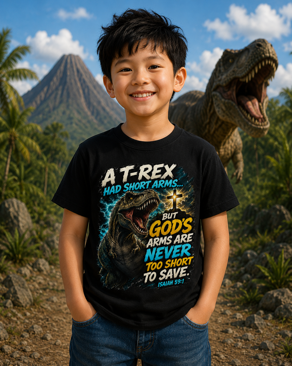 A T-Rex Had Short Arms — Boys Tee (Isaiah 59:1)