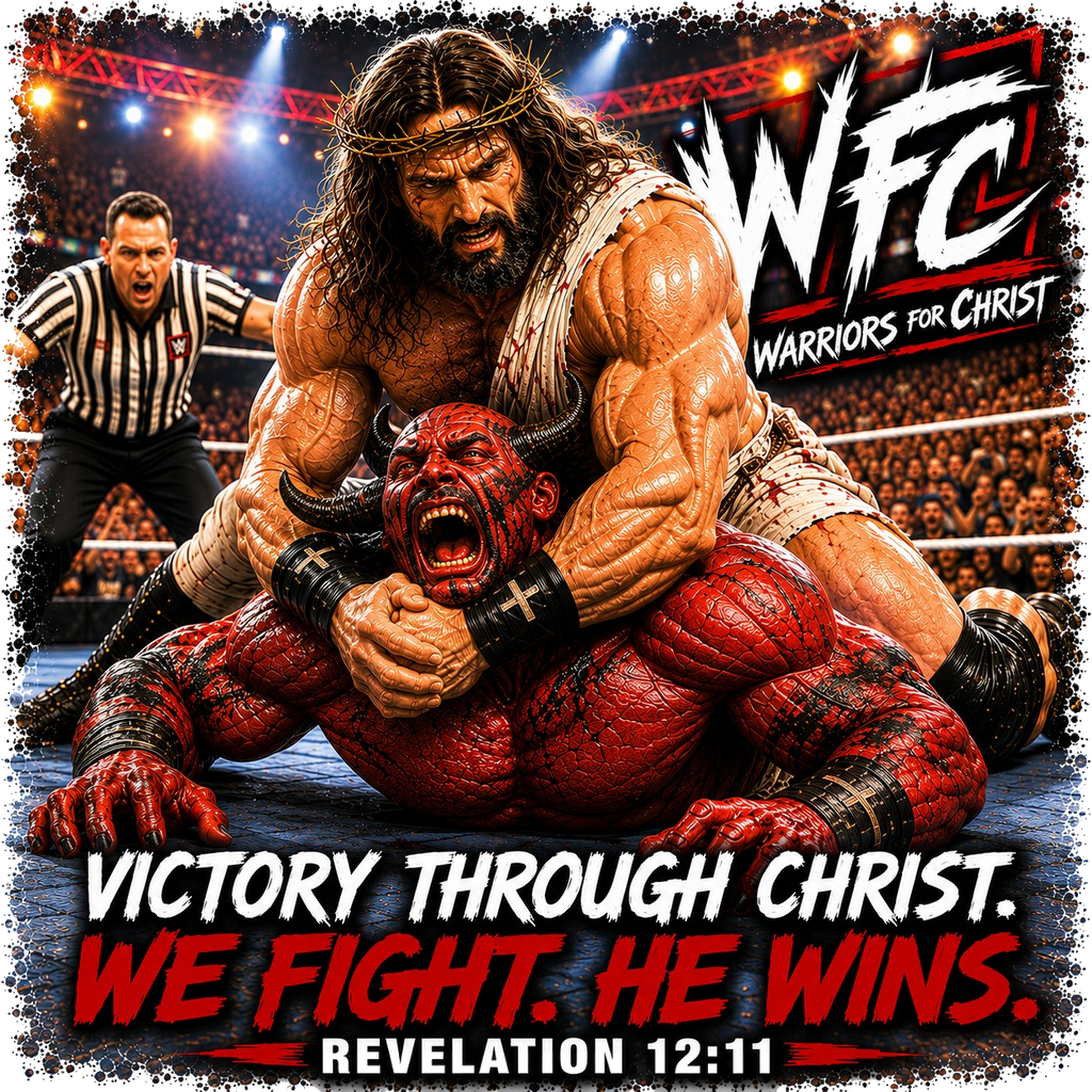 Victory Through Christ We Fight He Wins WFC Warriors for Christ Tee - Revelation 12:11