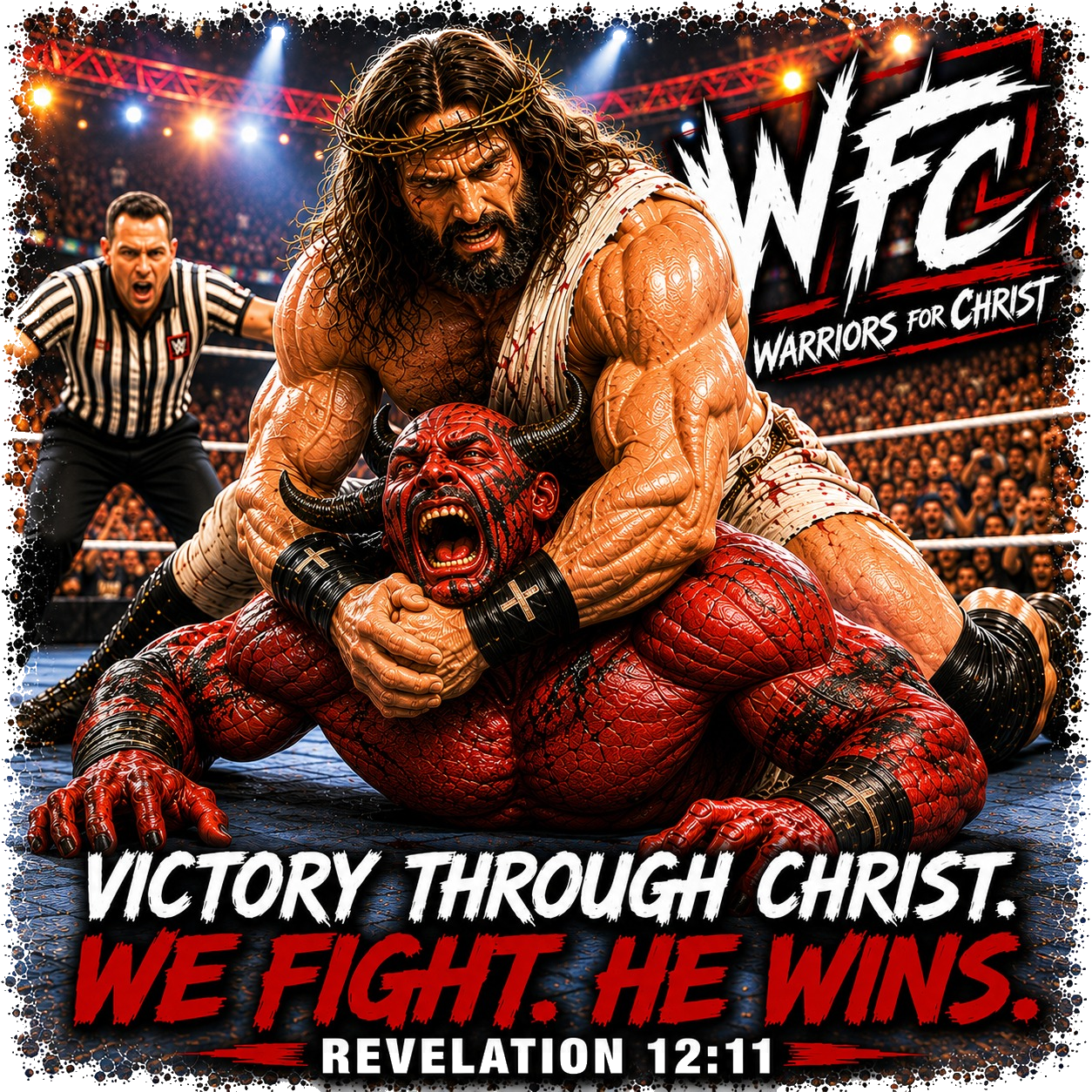 Victory Through Christ We Fight He Wins WFC Warriors for Christ Tee - Revelation 12:11
